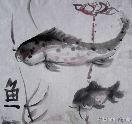 09 - Fische Tusche auf Reispapier, 40 x 33 cm